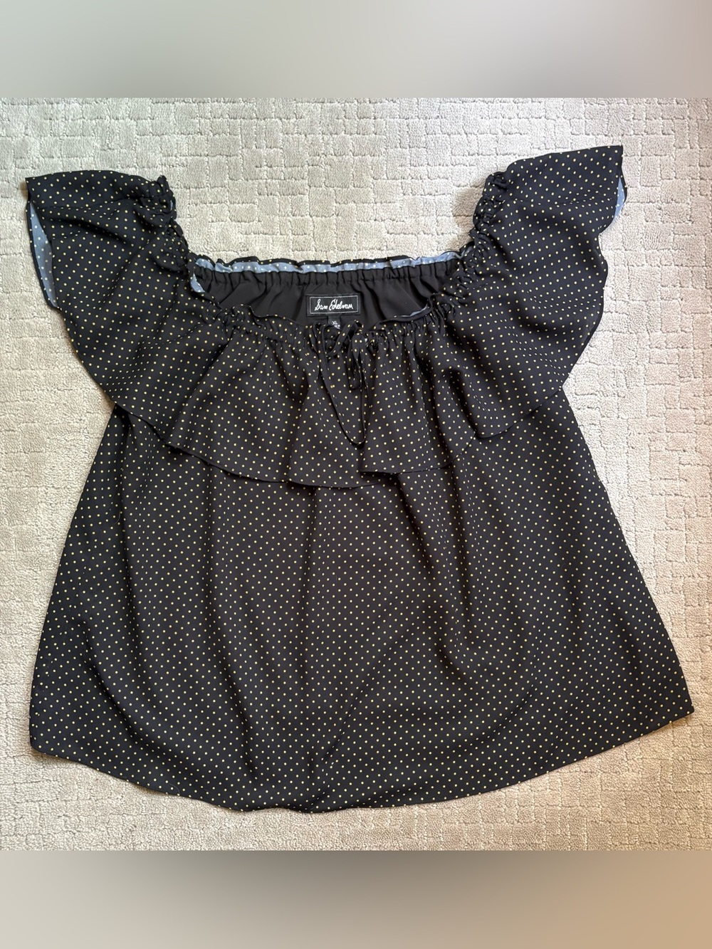 Sam Edelman Black Off-the-Shoulder Ruffle Top with Gold Dot Print